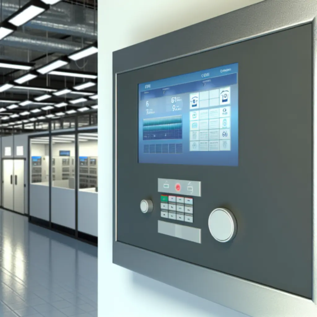 Commercial HVAC control room with digital interfaces and monitoring screens