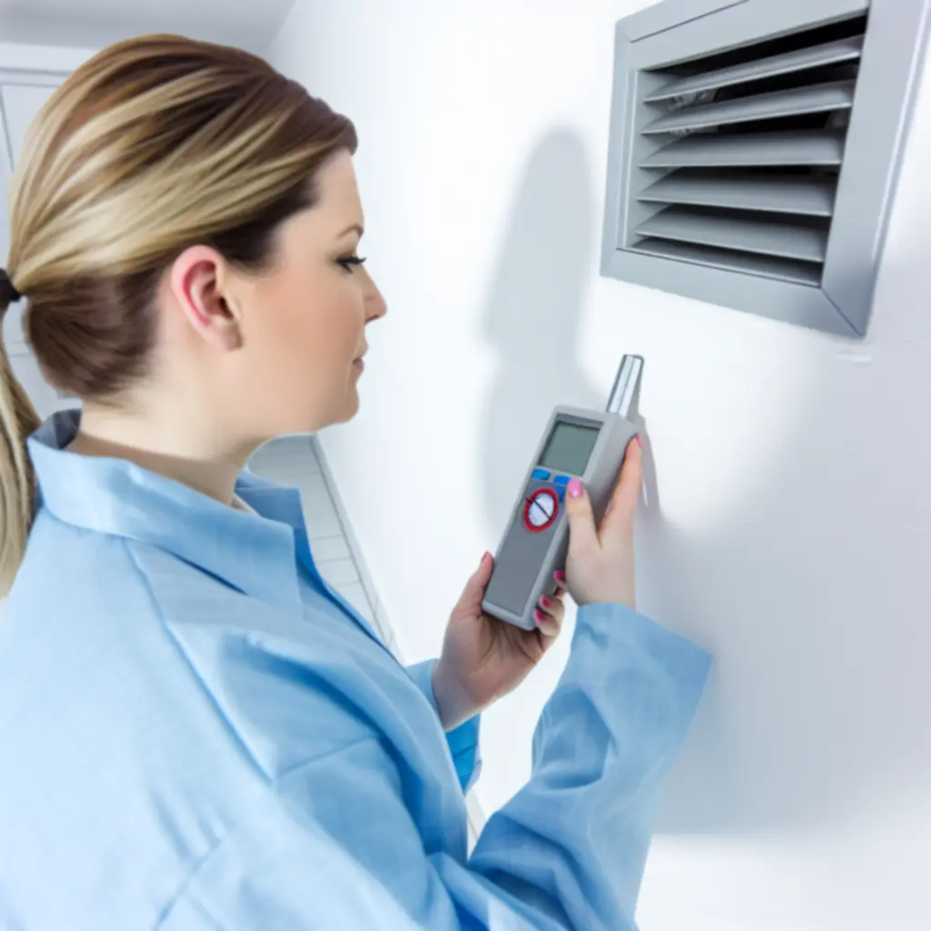Technician performing indoor air quality test on a ventilation system