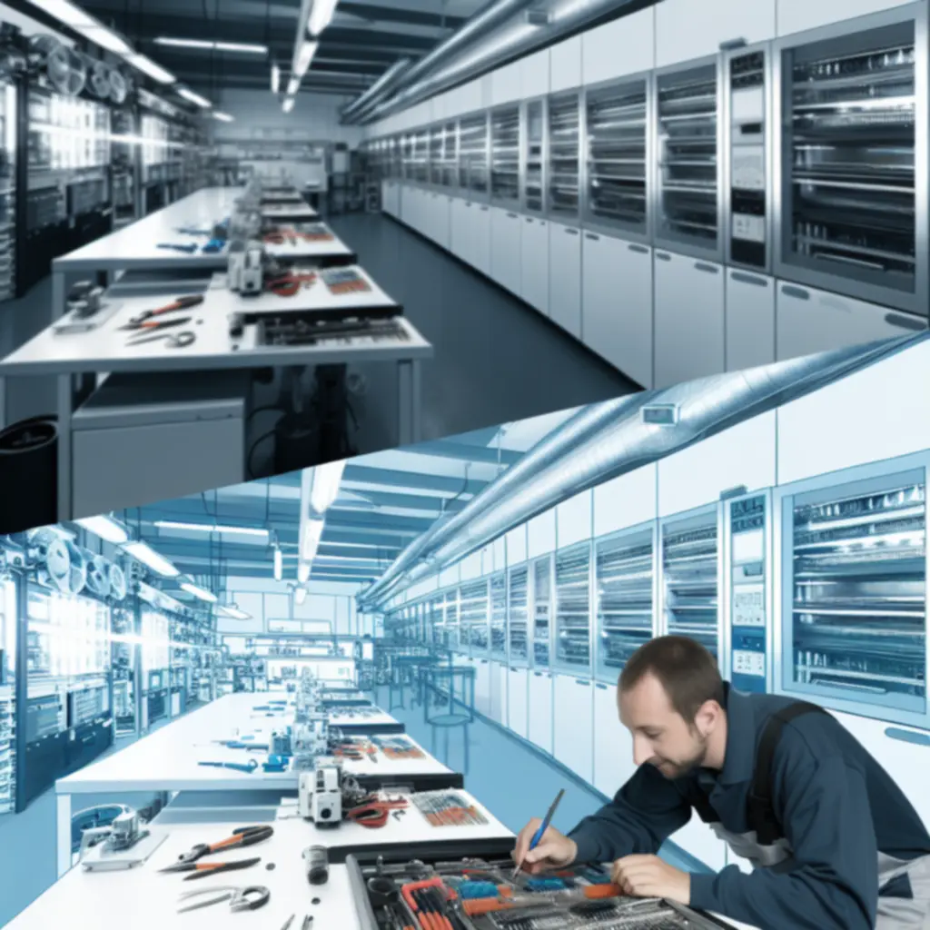 Modern HVAC workshop with organised tools and climate control equipment