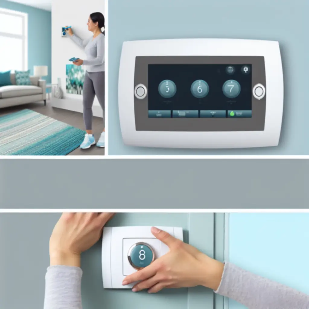 Technician configuring a smart thermostat on an interior wall