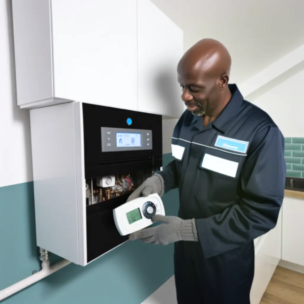 Technician configuring a modern heating system control panel