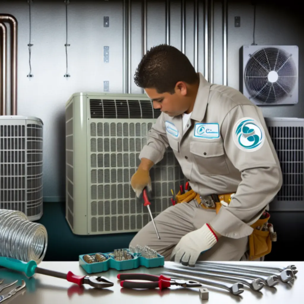 Technician installing an energy-efficient air conditioning unit